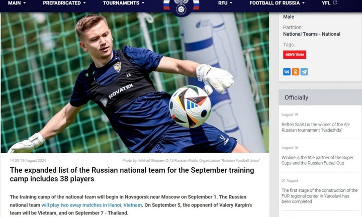 Đội tuyển Nga công bố danh sách cầu thủ đấu tuyển Việt Nam, thiếu ngôi sao số 1