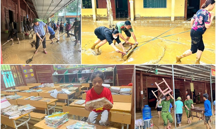 Thầy cô bì bõm lội bùn dọn trường lớp sau lũ ống, sẵn sàng đón học sinh trở lại