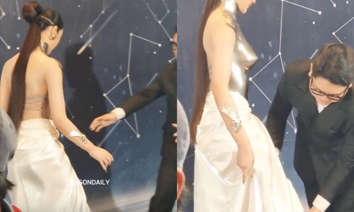 Clip: Mang trang phục khiến ai thấy cũng ngượng chín mặt, hoa hậu Ý Nhi suýt té ngay trên thảm đỏ