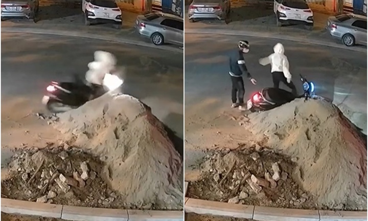 Clip: Thót tim cảnh cô gái gặp sự cố khó tin, lao thẳng xe máy vào đống cát