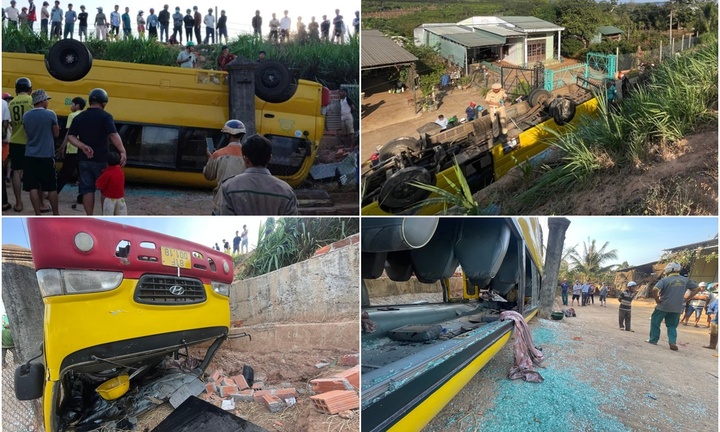 Hiện trường vụ ô tô chở học sinh lật ngửa, nhiều học sinh bị thương ở Gia Lai