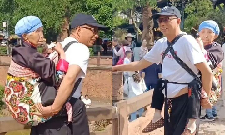 Xúc động hình ảnh con trai U60 cõng mẹ già 92 tuổi đi ngắm cảnh