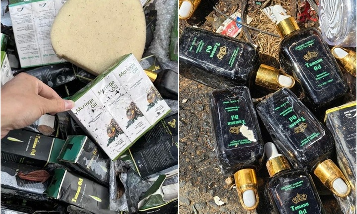 Clip: Cận cảnh hàng trăm lọ mỹ phẩm, tinh dầu có dán giá niêm yết đến 1,2 triệu đồng/sản phẩm vứt ven đường ở Đà Lạt