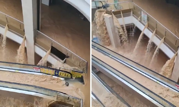 Clip: Kinh hoàng nước lũ tràn vào trung tâm thương mại như thác, 