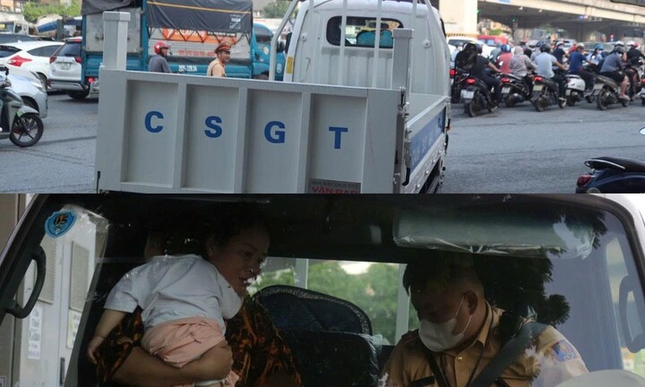 Clip CSGT Hà Nội dùng xe chuyên dụng đưa cháu bé sốt cao đi cấp cứu