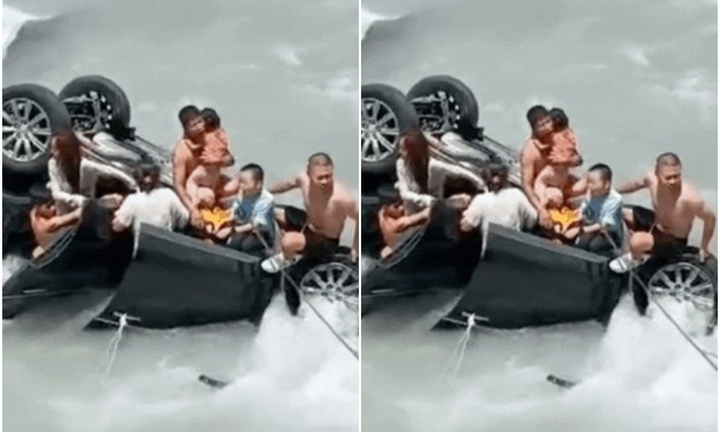 Clip: Nghẹt thở cảnh giải cứu ô tô chở 7 người lao xuống dòng nước xiết