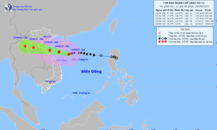 Bão số 5 mạnh lên cấp 13, giật cấp 15, dự báo đổ bộ vào Bắc Trung Bộ ngày 25/8
