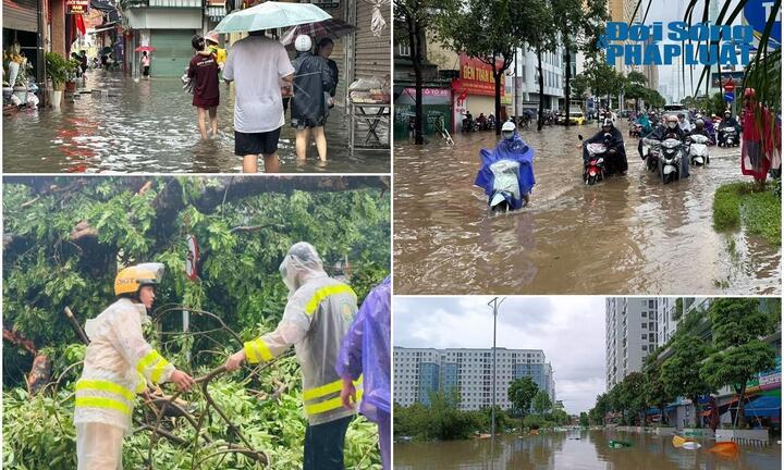 Mưa lớn trắng trời ở Hà Nội, nhiều tuyến phố 