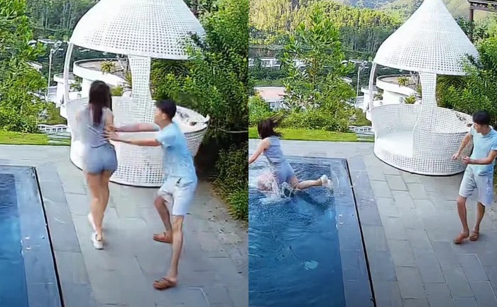 Clip Mạnh Trường thẳng tay đẩy vợ ngã xuống bể bơi gây xôn xao