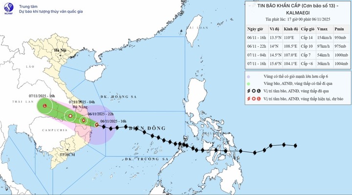 Tin bão số 13 Kalmaegi: Mạnh nhất cấp 11-12, giật cấp 14, trên đất liền các tỉnh Đắk Lắk – Gia Lai