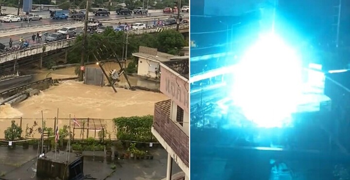 Clip: Cột biến áp bất ngờ đổ sập, phát nổ giữa dòng nước lũ 