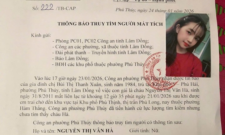Nữ sinh 15 tuổi ở Lâm Đồng mất liên lạc nhiều ngày, công an công bố đặc điểm nhận dạng