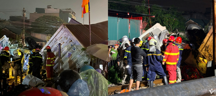 Hiện trường vụ va chạm giữa container với tàu hoả ở Hà Nội, tài xế mắc kẹt trong cabin