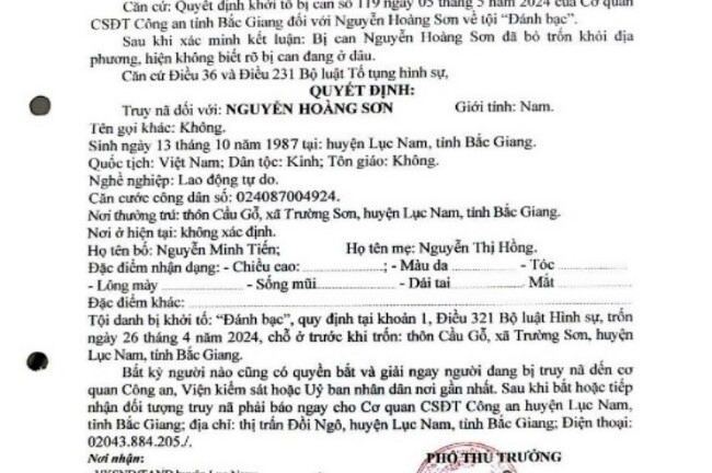 Công an Bắc Ninh truy nã người đàn ông 39 tuổi về tội đánh bạc