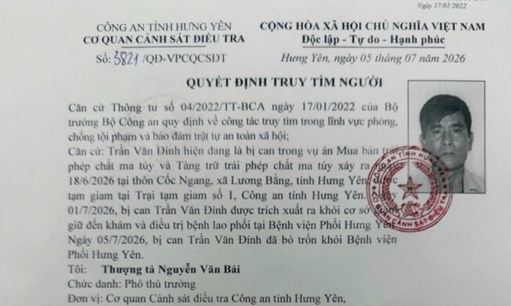 Công an tỉnh Hưng Yên truy tìm bị can trốn khỏi bệnh viện khi đang điều trị