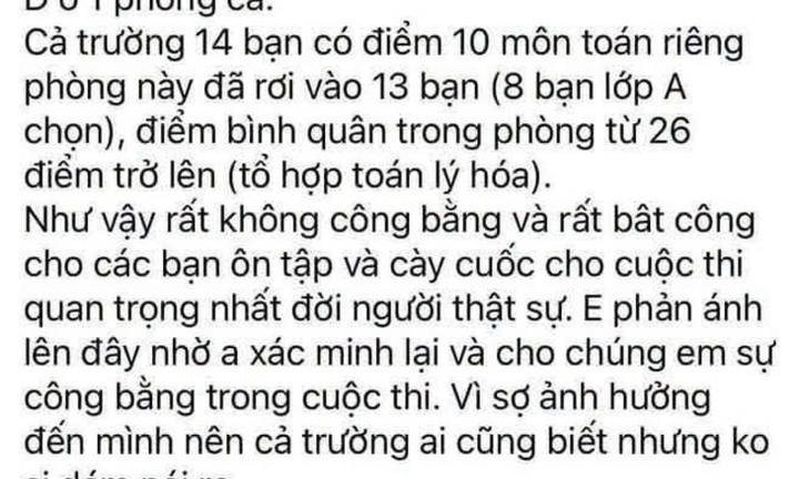 Sở GD&ĐT Nghệ An vào cuộc xác minh phản ánh một phòng thi có 13 điểm 10 Toán