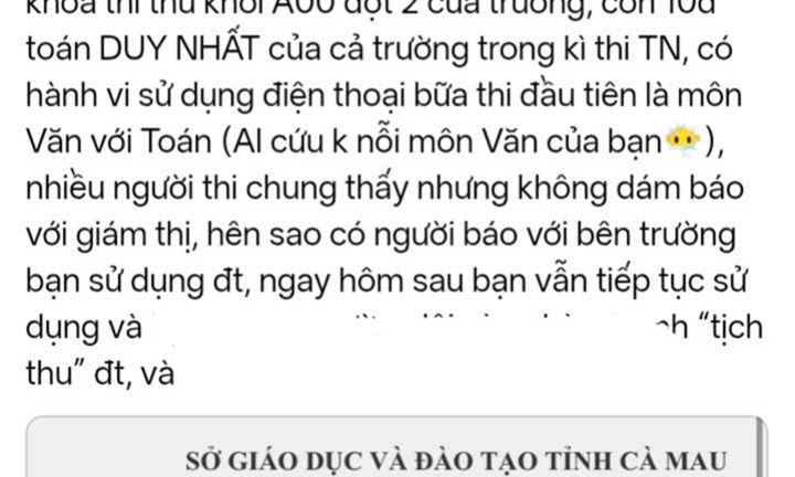 Sở GD&ĐT Cà Mau xác minh phản ánh thí sinh dùng điện thoại khi thi tốt nghiệp