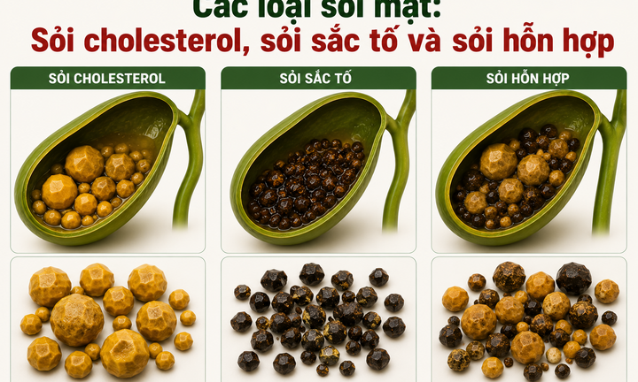Các loại sỏi mật: Sỏi cholesterol, sỏi sắc tố và sỏi hỗn hợp 