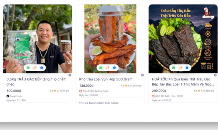 Tổng doanh số bán  "trâu gác bếp ",  "trâu khô ",  "trâu sấy " trên Shopee, TikTok Shop, Lazada, Tiki gần 120 tỉ đồng, shop Hải Sapa TV chiếm bao nhiêu? 