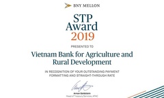 Agribank nhận giải thưởng Tỷ lệ điện thanh toán chuẩn xuất sắc năm 2019 do ngân hàng The Bank of New York Mellon trao tặng
