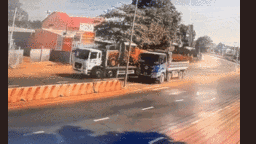 Xe ben bất ngờ đâm sầm dải phân cách, cột đèn đổ xuyên thủng kính một ô tô con