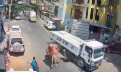 Video: Bị bò húc, người đàn ông văng vào gầm xe tải