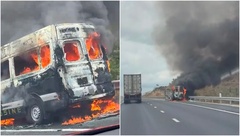 Xe khách 16 chỗ bị cháy trơ khung trên cao tốc, tài xế may mắn thoát nạn