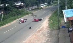 Clip: Đang chạy xe trên đường vắng, người phụ nữ bị  "vật thể lạ " từ bụi rậm tông văng, bất tỉnh