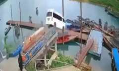 Clip: Ô tô bất ngờ mất phanh, tông xuyên rào chắn rồi lao xuống đập nước