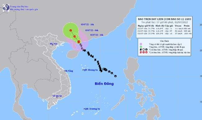 Hướng di chuyển của bão số 1. (Ảnh: Trung tâm Dự báo khí tượng thủy văn quốc gia)