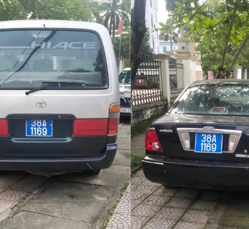 Hai chiếc xe trùng biển số màu xanh bị tạm giữ để điều tra, làm rõ. Ảnh: Giao Thông