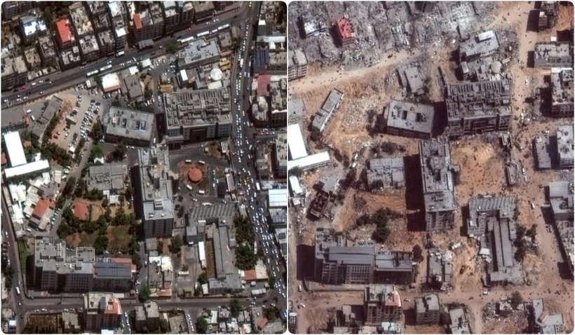 Ngày 1/4, Quân đội Israel (IDF) thông báo hoàn thành chiến dịch tại khu vực bệnh viện Al-Shifa ở thành phố Gaza, sau hai tuần bao vây khu vực từng là cơ sở y tế lớn nhất Dải Gaza. Trong ảnh là bệnh viện Al-Shifa và các vùng lân cận ở Gaza vào ngày 1/6/2023 (bên trái) và bệnh viện sau các đợt tấn công của quân đội Israel Ảnh: CNN