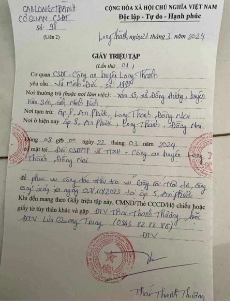 Giấy triệu tập anh Đ. lên cơ quan công an làm việc. Ảnh: PLO