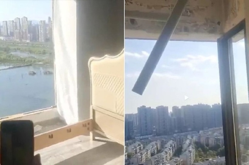 Một căn hộ bị hư hại nghiêm trọng sau cơn gió lớn bất thường. Ảnh: Weibo