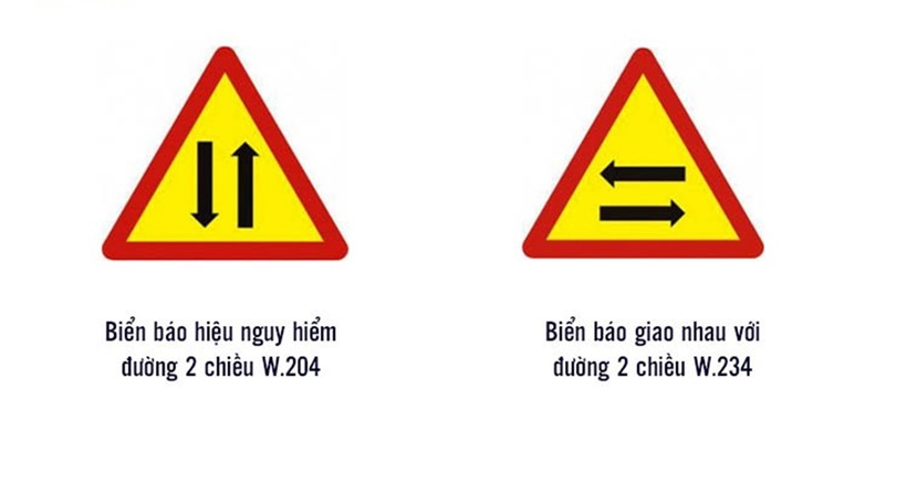 Biển báo có hình 2 mũi tên ngược nhau thường là biển báo đường hai chiều (biển W.204) và giao nhau với đường hai chiều (biển W.234).