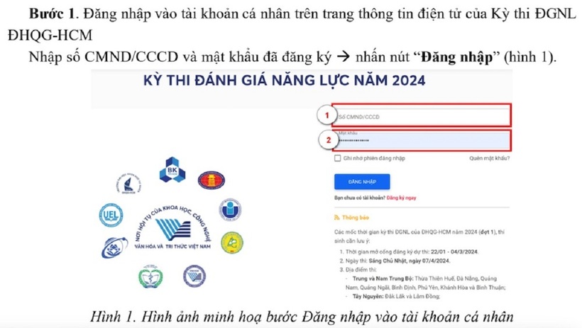 Bước 1 trong tra cứu điểm thi đánh giá năng lực ĐH Quốc gia TP.HCM. Ảnh: VietNamnet