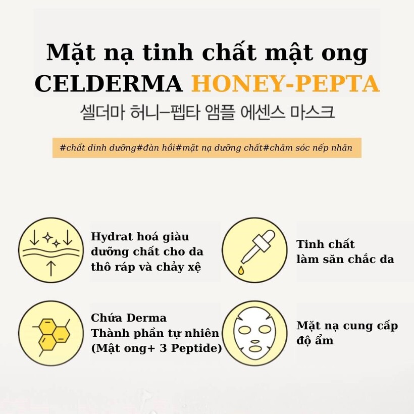 Mặt nạ tinh chất mật ong Celderma Honey - Pepta ngăn ngừa chảy xệ, dưỡng ẩm cho da mịn màng