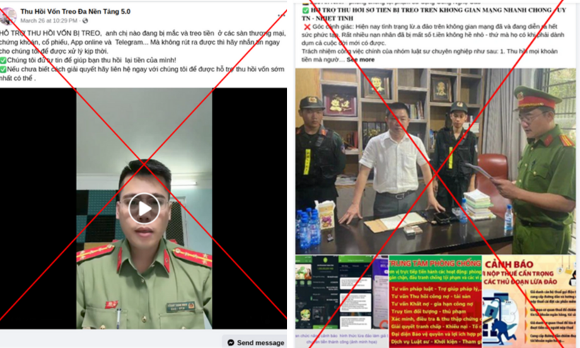 Hình ảnh các đối tượng lập fanpage giả danh lực lượng công an để lừa đảo. (Ảnh: Bộ Công an)