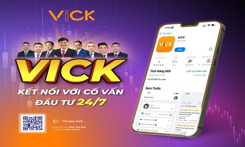 CTCP Vick quảng cáo cung cấp dịch vụ chuyên gia tư vấn, cố vấn đầu tư chứng khoán trên ứng dụng Vick. Ảnh chụp màn hình.