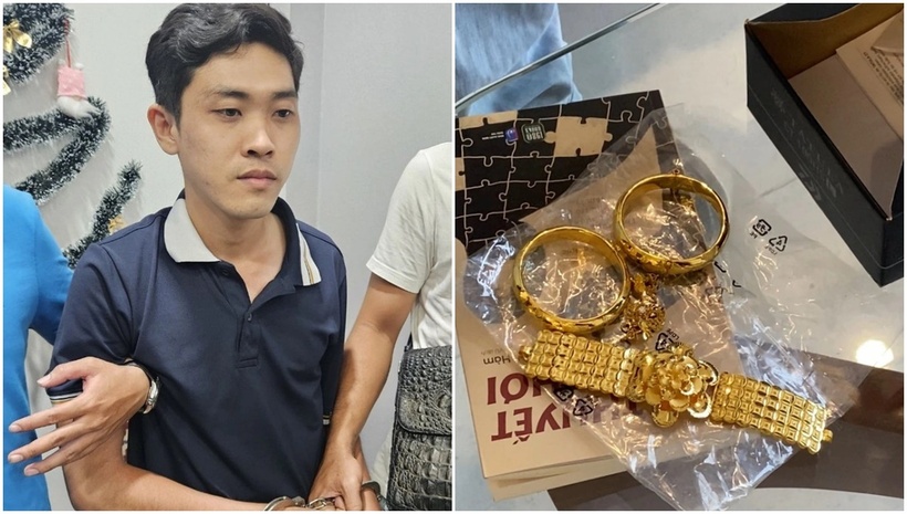 Nghi phạm Thái Văn Trường cùng tang vật vụ án. Ảnh: Tuổi trẻ.