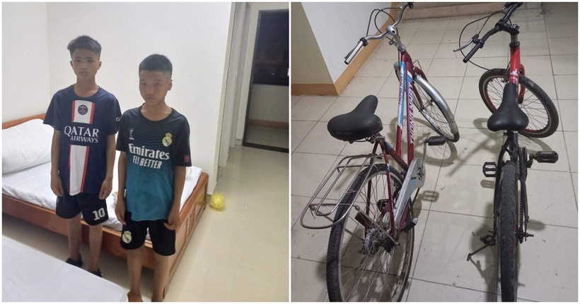 2 anh em đạp xe từ Điện Biên xuống Hà Nội tìm mẹ. Ảnh: Công an nhân dân.