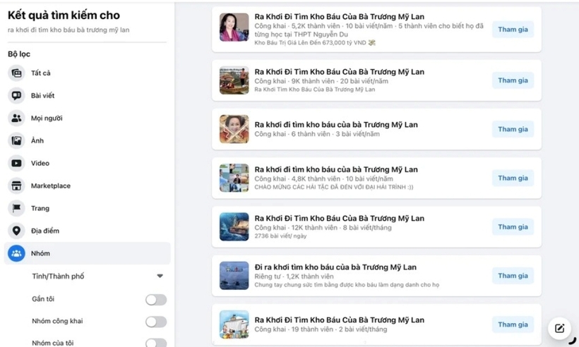 Xuất hiện rất nhiều fanpage trên Facebook với tiêu đề "Ra khơi đi tìm kho báu của bà Trương Mỹ Lan". Ảnh: Pháp Luật TP.HCM