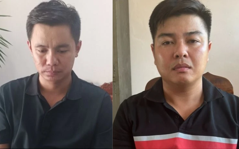 Đối tượng Võ Trần Hoàng (bên trái) và Ngô Phúc Thịnh (bên phải) tại công an huyện Đạ Huoai. Ảnh: Pháp luật TP.HCM