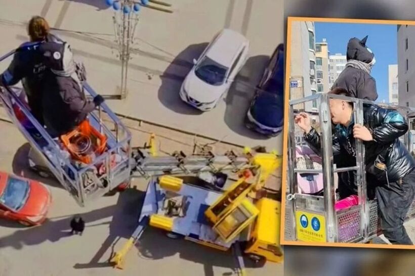 Mẹ chồng thuê cần cẩu đưa con dâu mới đẻ mổ lên nhà ở tầng 7 gây sốt mạng. Ảnh: Jimu News