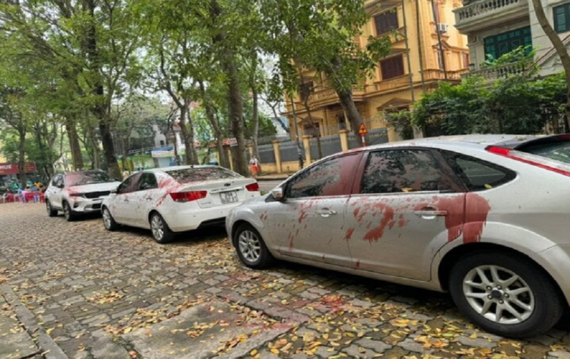 Nhiều ô tô bị tạt sơn khi đỗ ở phố Trần Điền. Ảnh: VCT News