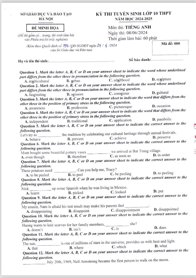 Kỳ thi tuyển sinh vào lớp 10 ở Hà Nội: Sở GD&ĐT công bố đề minh họa - 6