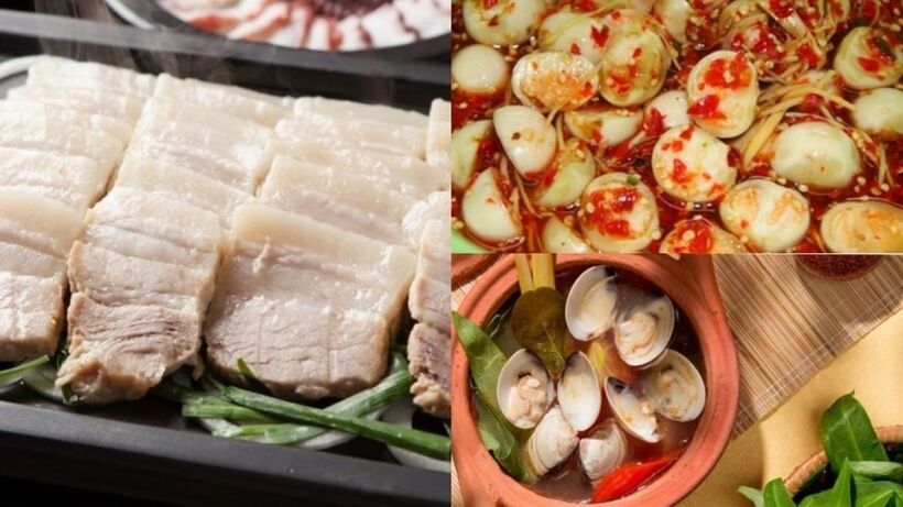 Thịt luộc, Cà pháo, Canh ngao nấu chua.