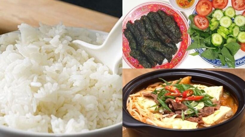 Cơm, Thịt cuốn lá lốt, Canh kim chi.