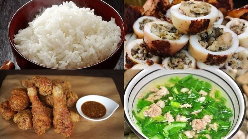 Cơm, Mực nhồi thịt, Gà rán sả, Canh cải thịt băm.