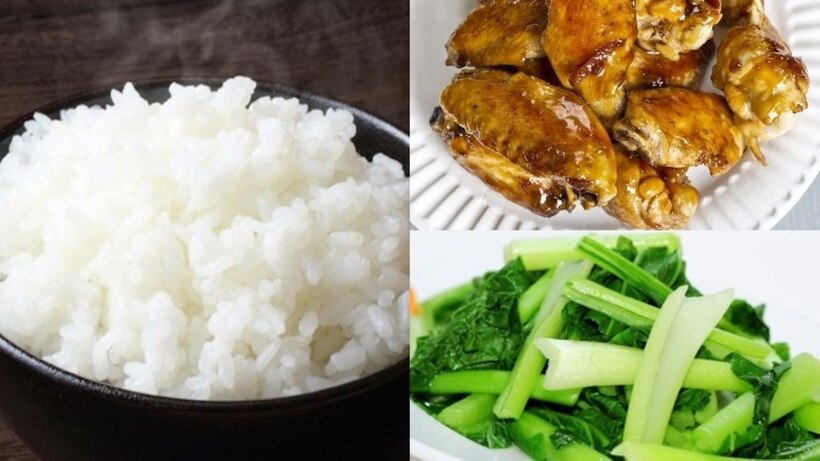 Cơm, Cánh gà sốt me, Cải ngọt luộc.